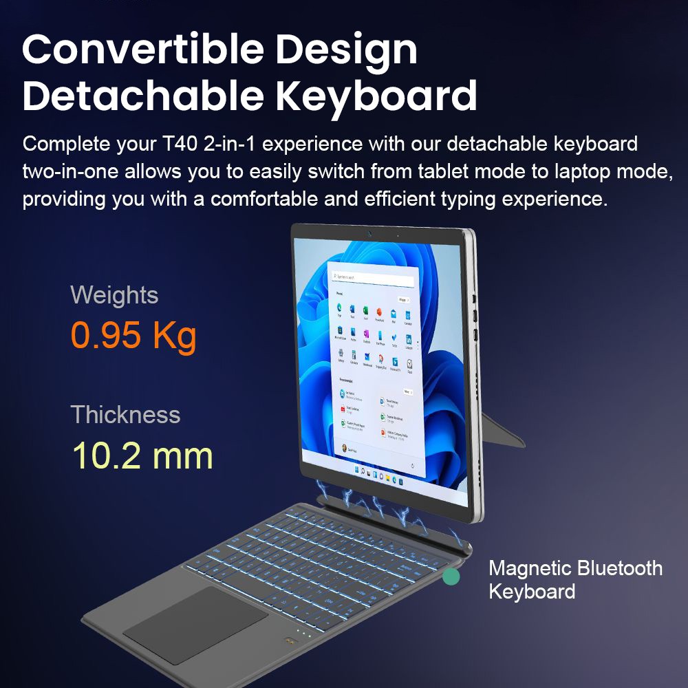 Ninkear T40 2-in-1 Tablet PC, 14'' 1920*1200 IPS Touchscreen, Intel N100 4 Cores 3.4GHz, 16GB RAM 512GB SSD, WiFi 6 Bluetooth 5.2, 5000mAh Battery, Detachable RGB Backlit Bluetooth Keyboard, 1*Full-featured USB-C, 1*Data Only USB-C, 1* Micro HDMI