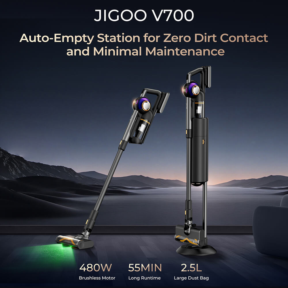 JIGOO V700 Cordless Vacuum Cleaner with 2.5 L Suction Station, Automatic Dust Emptying, 33KPa Suction Power, Anti-Tangle Brush, Dual LED Illumination, Up to 55 Minutes Runtime, Ideal for Hard Floor, Carpet, Pet