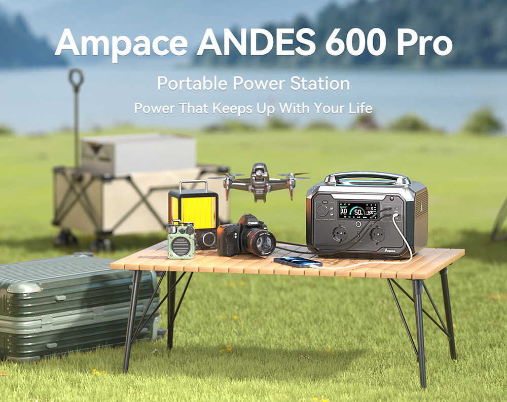 Ampace Andes 600 Pro Station d'alimentation portable, batterie LiFePO4 584 Wh, Générateur solaire SiCPrime 600W (pic 1800W), Recharge à 80% en 1h, 2 sorties AC, 2 USB - A, 2 USB-C, 2 ports 5521, 1 prise de voiture, 2000 cycles, Contrôle via APP