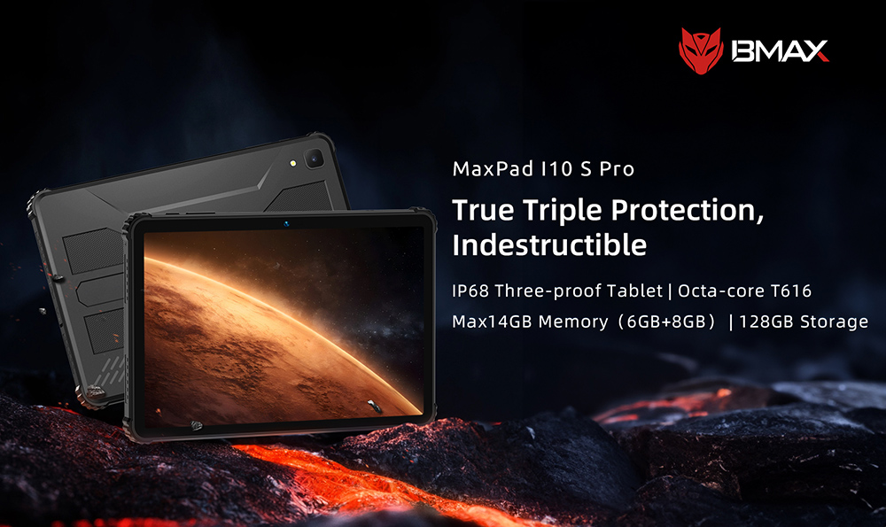 BMAX I10 S Pro Rugged Tablet, 10.1 inch 1920*1200 IPS Touchscreen, UNISOC T616 8 Cores Max 2.0GHz, 14GB RAM (6GB +8GB Expansion) 128GB ROM, Android 14, 2.4/5GHz WiFi Bluetooth 5.0, 13MP+5MP Camera, 10000mAh Battery, GPS/Galileo/GLONASS/BDS, 4G LTE