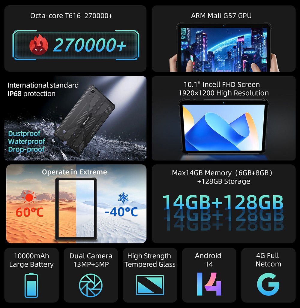 BMAX I10 S Pro Rugged Tablet, 10.1 inch 1920*1200 IPS Touchscreen, UNISOC T616 8 Cores Max 2.0GHz, 14GB RAM (6GB +8GB Expansion) 128GB ROM, Android 14, 2.4/5GHz WiFi Bluetooth 5.0, 13MP+5MP Camera, 10000mAh Battery, GPS/Galileo/GLONASS/BDS, 4G LTE
