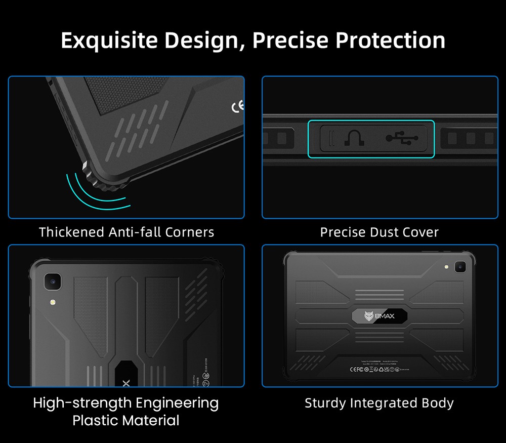 BMAX I10 S Pro Rugged Tablet, 10.1 inch 1920*1200 IPS Touchscreen, UNISOC T616 8 Cores Max 2.0GHz, 14GB RAM (6GB +8GB Expansion) 128GB ROM, Android 14, 2.4/5GHz WiFi Bluetooth 5.0, 13MP+5MP Camera, 10000mAh Battery, GPS/Galileo/GLONASS/BDS, 4G LTE