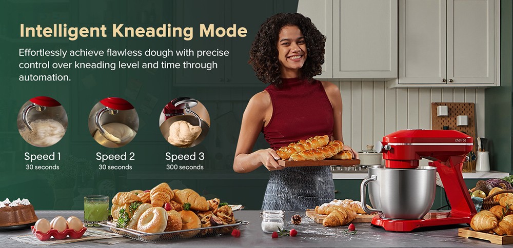 Chefre M500 Robot de cuisine sur socle, machine à pâte avec bol en acier inoxydable de 7 L, 10 niveaux de vitesse, 3 accessoires de mélange, puissance de 1 800 W, rouge