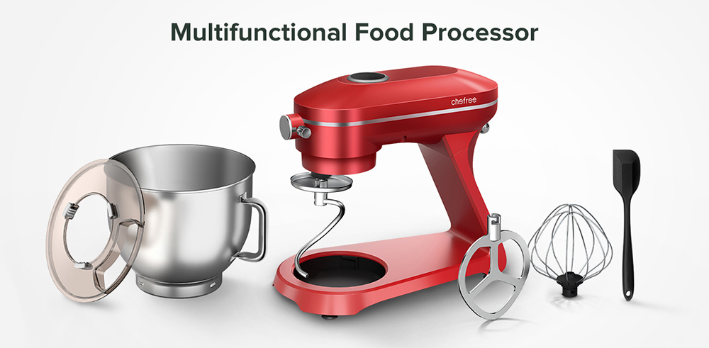 Chefre M500 Robot de cuisine sur socle, machine à pâte avec bol en acier inoxydable de 7 L, 10 niveaux de vitesse, 3 accessoires de mélange, puissance de 1 800 W, rouge