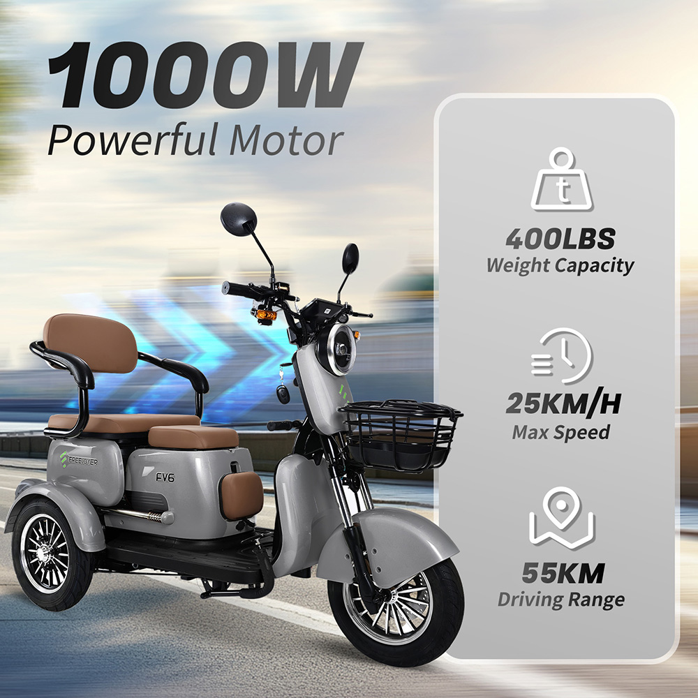 Freejoyer FV6 Electric Tricycle, 1000W Motor, 60V 20Ah Battery, 10*3 inch Tire, 25km/h Max Speed, 55km Range, Front Disc Brake & Rear Drum Brake, Hydraulic Front Fork - Grey