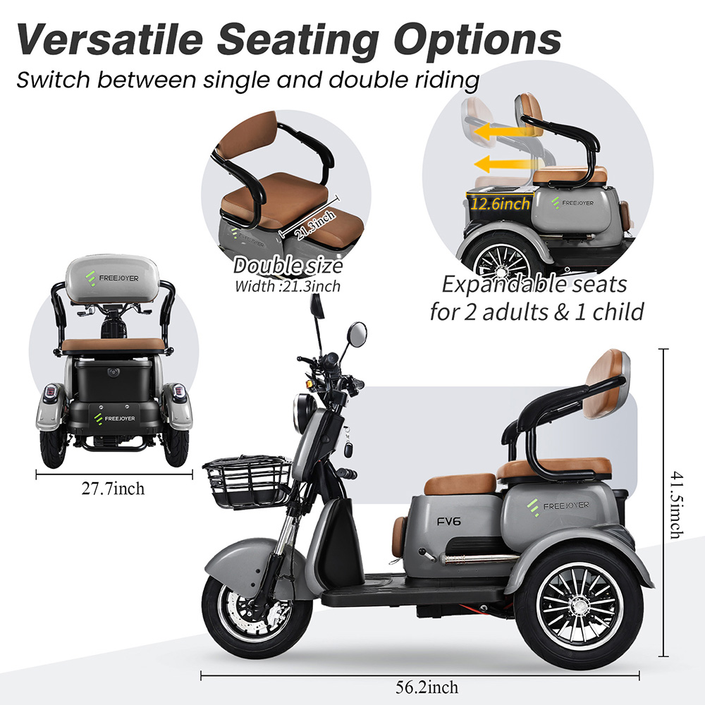 Freejoyer FV6 Electric Tricycle, 1000W Motor, 60V 20Ah Battery, 10*3 inch Tire, 25km/h Max Speed, 55km Range, Front Disc Brake & Rear Drum Brake, Hydraulic Front Fork - Grey