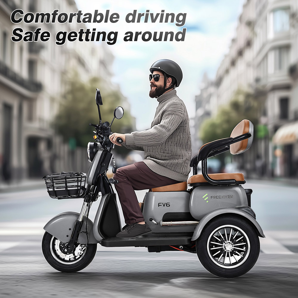 Freejoyer FV6 Electric Tricycle, 1000W Motor, 60V 20Ah Battery, 10*3 inch Tire, 25km/h Max Speed, 55km Range, Front Disc Brake & Rear Drum Brake, Hydraulic Front Fork - Grey