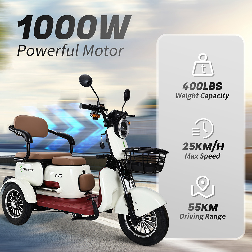 Freejoyer FV6 Electric Tricycle, 1000W Motor, 60V 20Ah Battery, 10*3 inch Tire, 25km/h Max Speed, 55km Range, Front Disc Brake & Rear Drum Brake, Hydraulic Front Fork - White
