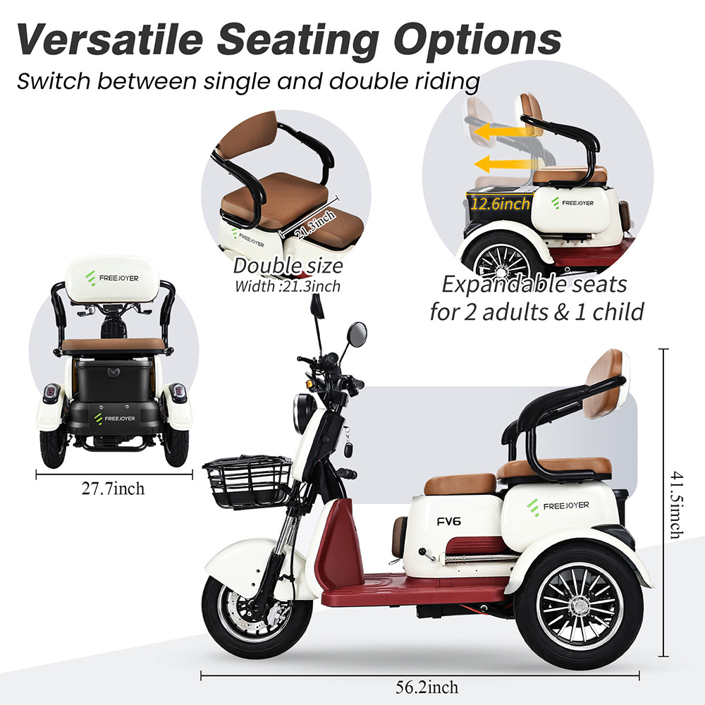 Freejoyer FV6 Electric Tricycle, 1000W Motor, 60V 20Ah Battery, 10*3 inch Tire, 25km/h Max Speed, 55km Range, Front Disc Brake & Rear Drum Brake, Hydraulic Front Fork - White