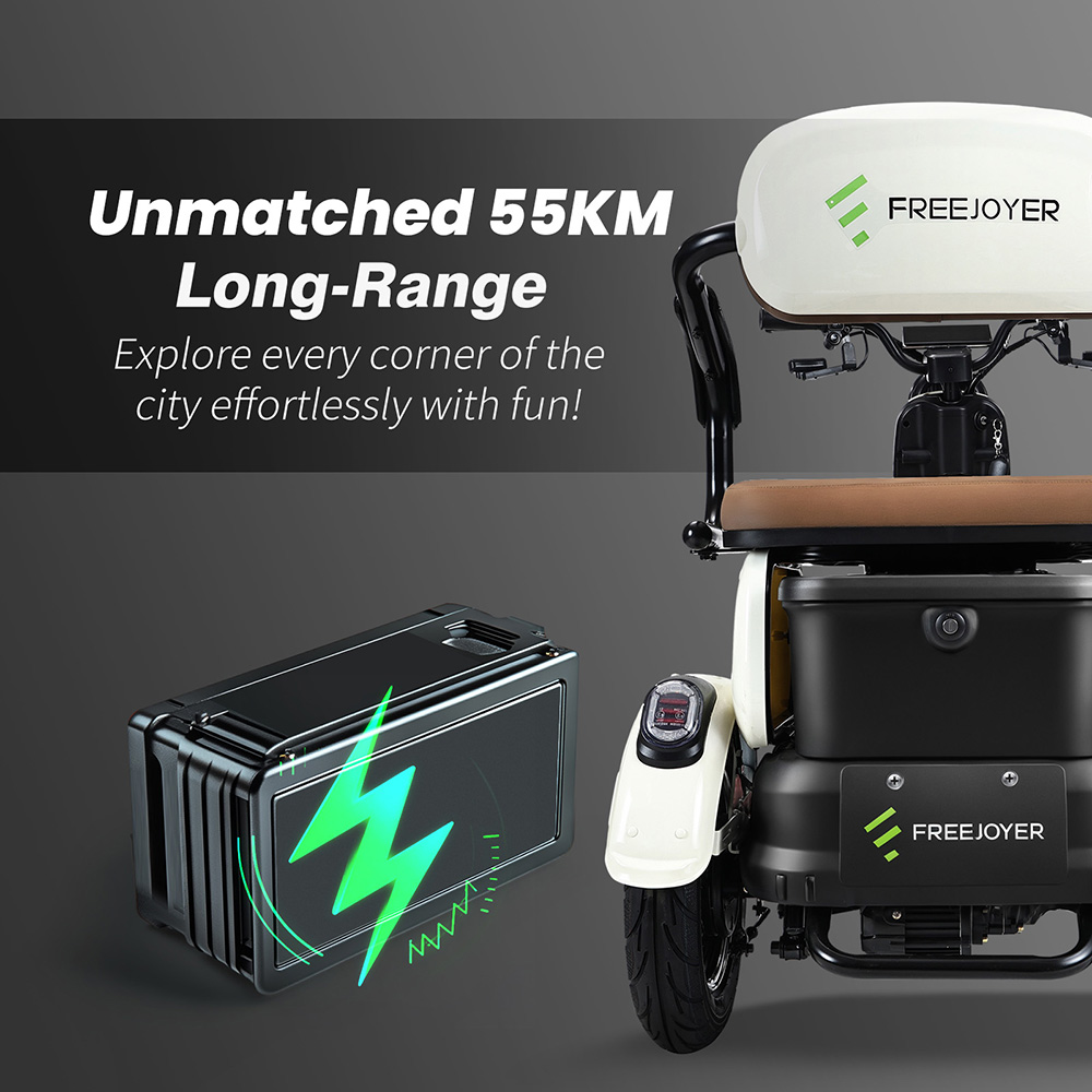 Freejoyer FV6 Electric Tricycle, 1000W Motor, 60V 20Ah Battery, 10*3 inch Tire, 25km/h Max Speed, 55km Range, Front Disc Brake & Rear Drum Brake, Hydraulic Front Fork - White