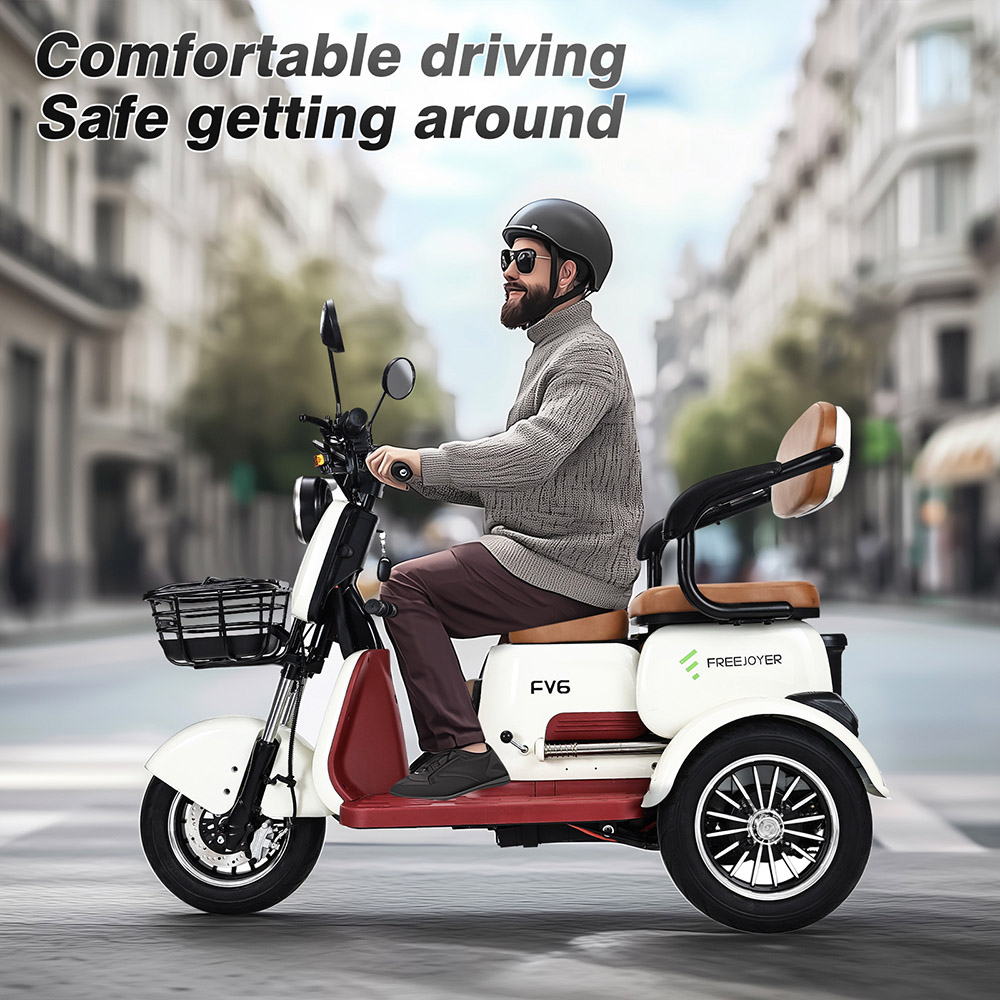 Freejoyer FV6 Electric Tricycle, 1000W Motor, 60V 20Ah Battery, 10*3 inch Tire, 25km/h Max Speed, 55km Range, Front Disc Brake & Rear Drum Brake, Hydraulic Front Fork - White