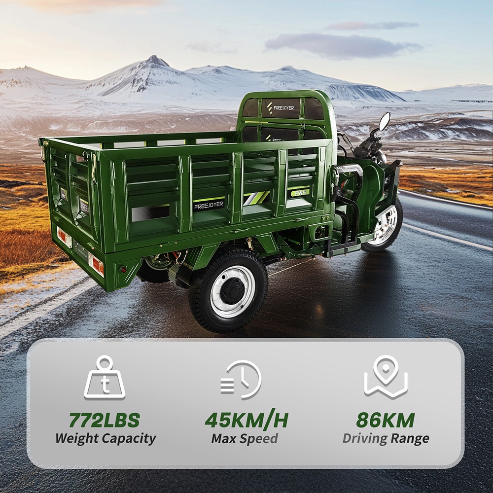 Freejoyer FW5 Electric Cargo Tricycle, 3000W Motor, 72V 58Ah Battery, 45km/h Max Speed, 86km Range, Front Disc Brake & Rear Drum Brake, Front & Rear Shock Absorption - Green