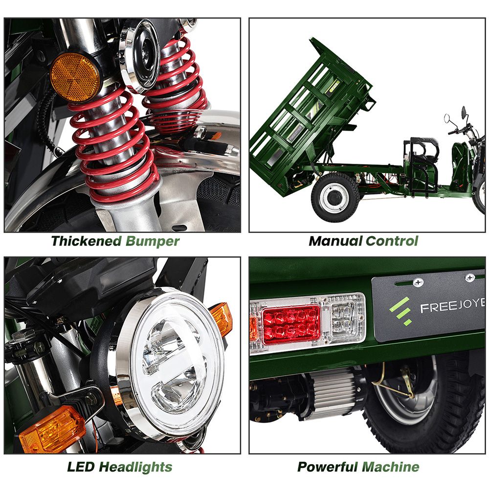 Freejoyer FW5 Electric Cargo Tricycle, 3000W Motor, 72V 58Ah Battery, 45km/h Max Speed, 86km Range, Front Disc Brake & Rear Drum Brake, Front & Rear Shock Absorption - Green