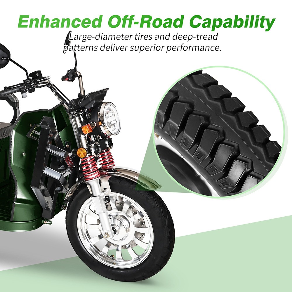 Freejoyer FW5 Electric Cargo Tricycle, 3000W Motor, 72V 58Ah Battery, 45km/h Max Speed, 86km Range, Front Disc Brake & Rear Drum Brake, Front & Rear Shock Absorption - Green