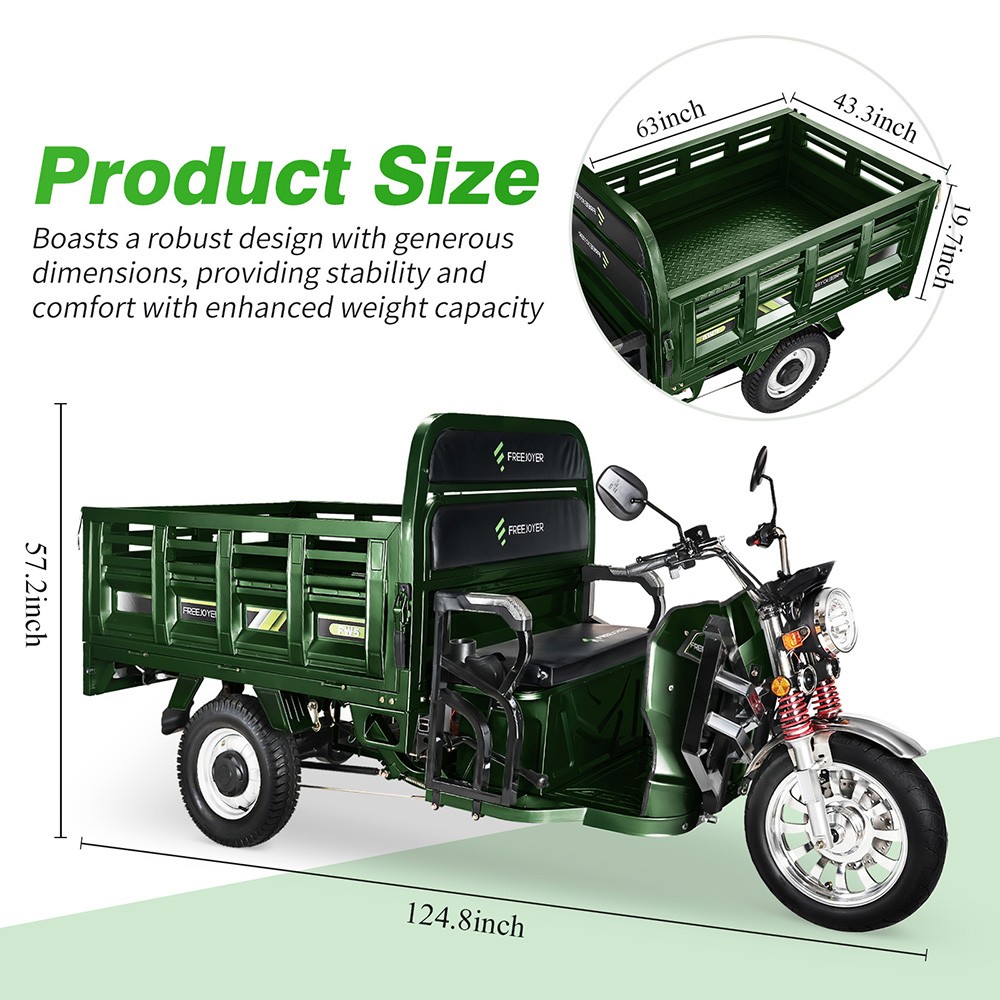 Freejoyer FW5 Electric Cargo Tricycle, 3000W Motor, 72V 58Ah Battery, 45km/h Max Speed, 86km Range, Front Disc Brake & Rear Drum Brake, Front & Rear Shock Absorption - Green