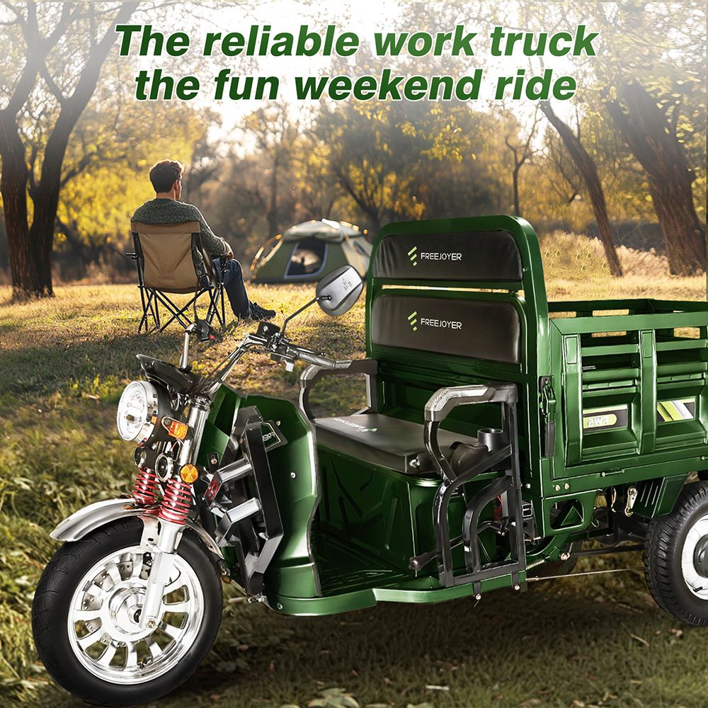 Freejoyer FW5 Electric Cargo Tricycle, 3000W Motor, 72V 58Ah Battery, 45km/h Max Speed, 86km Range, Front Disc Brake & Rear Drum Brake, Front & Rear Shock Absorption - Green