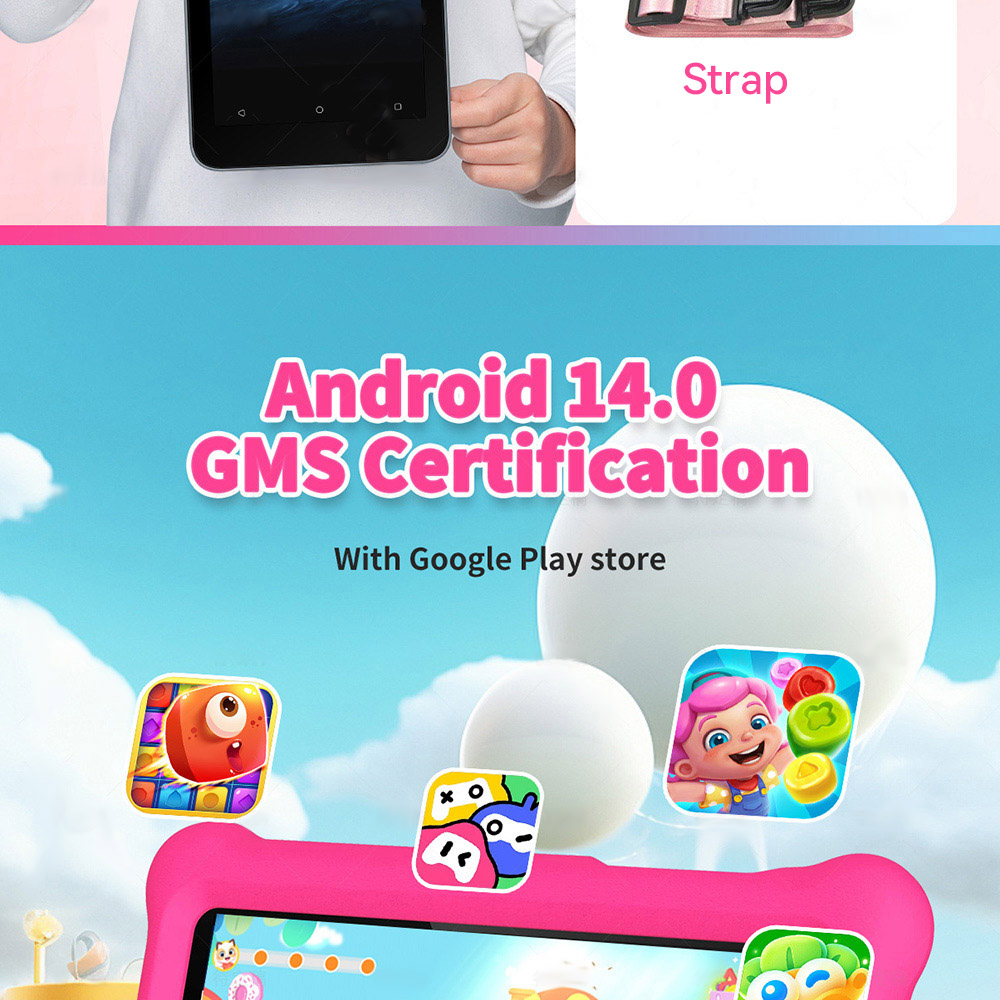 G-tab T7 Kids Tablet, 7 inch 1024*600 IPS Screen, Android 14, 1.5GHz Quad-core CPU, 4GB RAM (2GB +2GB Expansion) 64GB ROM, 2.4/5GHz WiFi, 3000mAh Battery, 2MP+2MP Camera - Pink