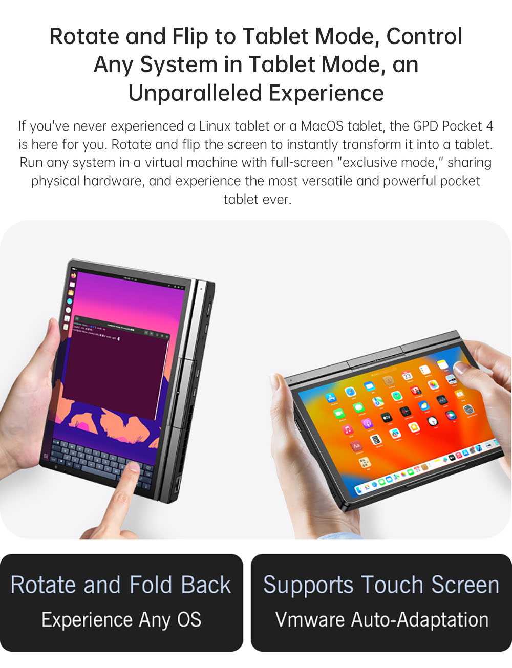 GPD Pocket 4 Handheld Laptop, 8.8'' 2560*1600 Touchscreen, 144Hz Refresh Rate, AMD Ryzen 7 8840U 8 Cores Max 5.1GHz, 16GB RAM 1TB SSD, WiFi6E Bluetooth5.3, 1*USB4, 1*HDMI, 1*Full-Featured USB-C, 1*USB3.2, 1*USB2.0, 1*microSD, 1*RJ45 - US Plug