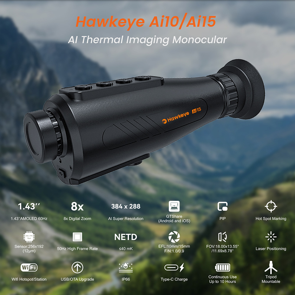 GTGUARD AI15 Thermal Imaging Night Vision Monocular, 60Hz Screen Refresh Rate, 1-8x Digital Zoom, 384*288 Resolution, IP66 Waterproof, Built-in 32GB Storage, 5 Image Mode, 4000mAh Battery