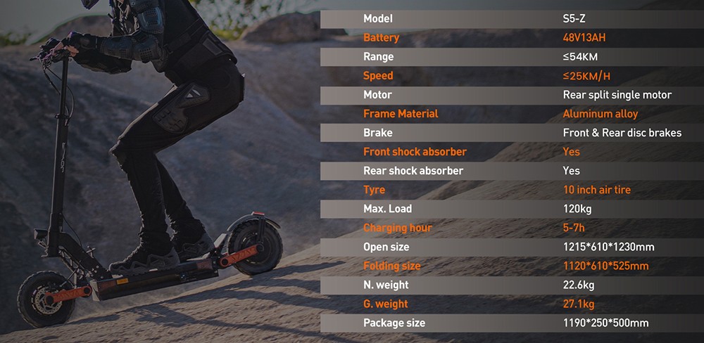 Joyor S5-Z Foldable Electric Scooter, 600W Motor, 48V 13Ah Battery, 10-inch Tires, 25km/h Max Speed, 54km Range, Front & Rear Disc Brake, Rocker Arm Suspension System