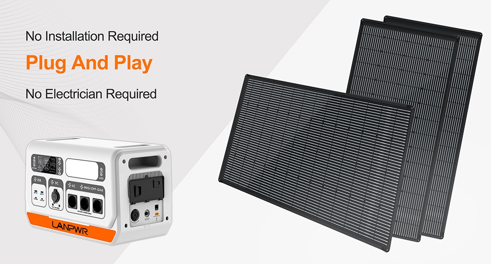 LANPWR 2400 Pro Balkon-Solarsystem, 2200 W, 2040 Wh, Kraftwerk mit On-Grid-Wechselrichter, 3 AC-Ausgänge