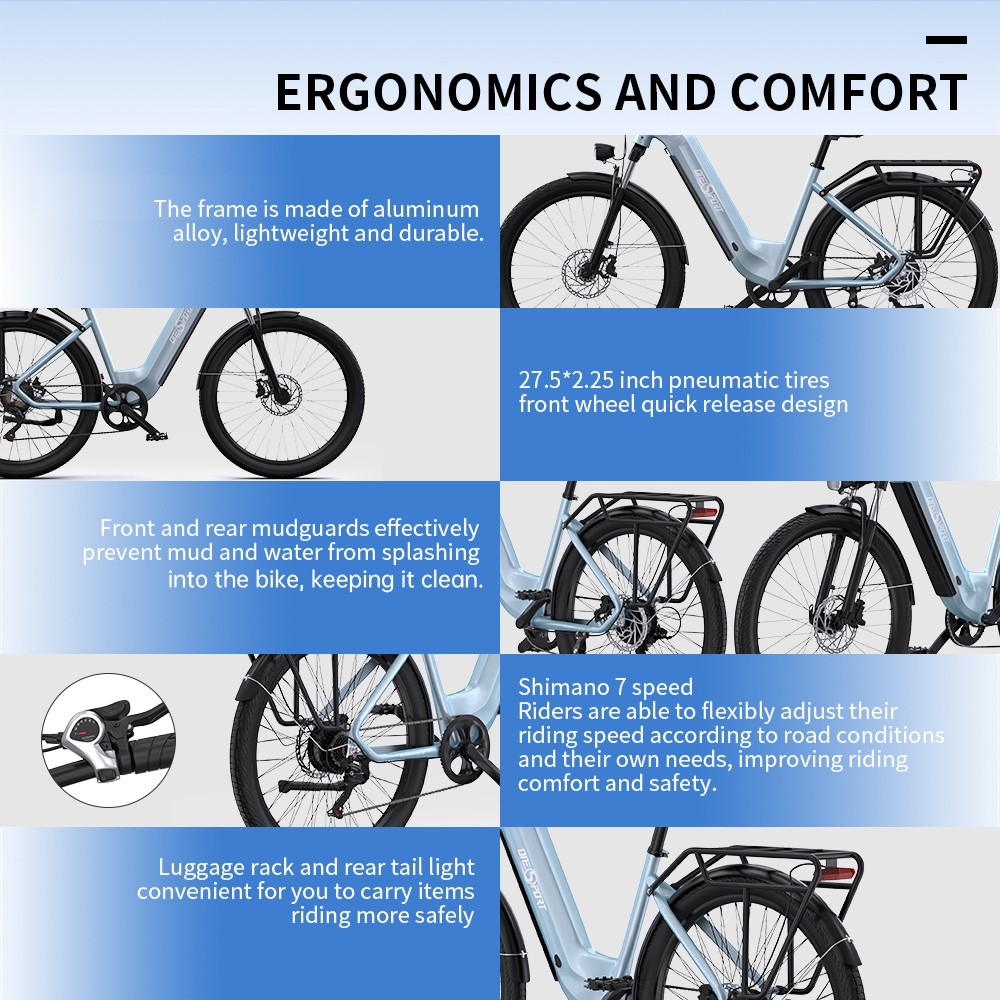 ONESPORT OT05 Electric Bike, 27.5'' Aluminum Frame, 250W ANANDA Motor, 36V 18.2Ah Battery, 25km/h Max Speed, 60-120km Range, Oil Disc Brake, Shimano 7 Speed, Torque Sensor, 100kg Max Load - Glossy Blue