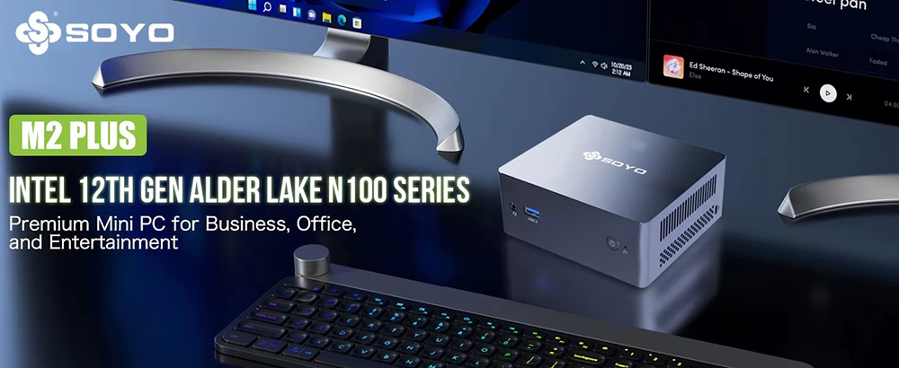 SOYO M2 Plus Mini-PC, Intel N100 4 Core Max 3,4 GHz, 16 GB RAM 512 GB SSD, HDMI + DP Dual Screen Display, WiFi 5 Bluetooth 4.2, 4 * USB3.2, 1 * USB2.0, 1 * RJ45, 1 * Kopfhöreranschluss, VESA-Montage möglich, geräuschlose Kühlung