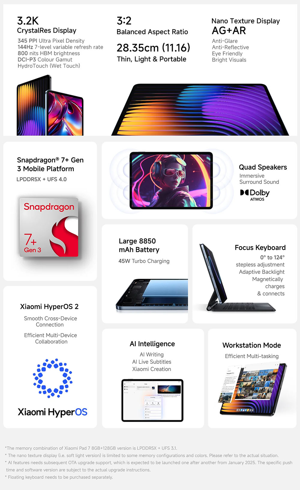 Xiaomi Pad 7 Tablet Chinese Version, 11.1 inch 3200*2136 Screen, Snapdragon 7 8 Core Max 2.8GHz, 12GB RAM 256GB ROM, 13MP+8MP Camera, 8850mAh Battery, WiFi 6E Bluetooth 5.4, Dolby Atmos - Black