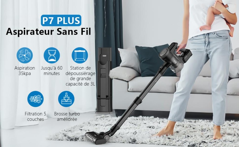 Stabstaubsauger Yanhama P7 PLUS, 25 kPa starke Saugkraft, 60 Min. Laufzeit, integrierter Staubbehälter mit Ladefunktion, 5-stufige Filterung und Entleerung mit einem Tastendruck, ideal für Hartböden, Teppiche und Tierhaare