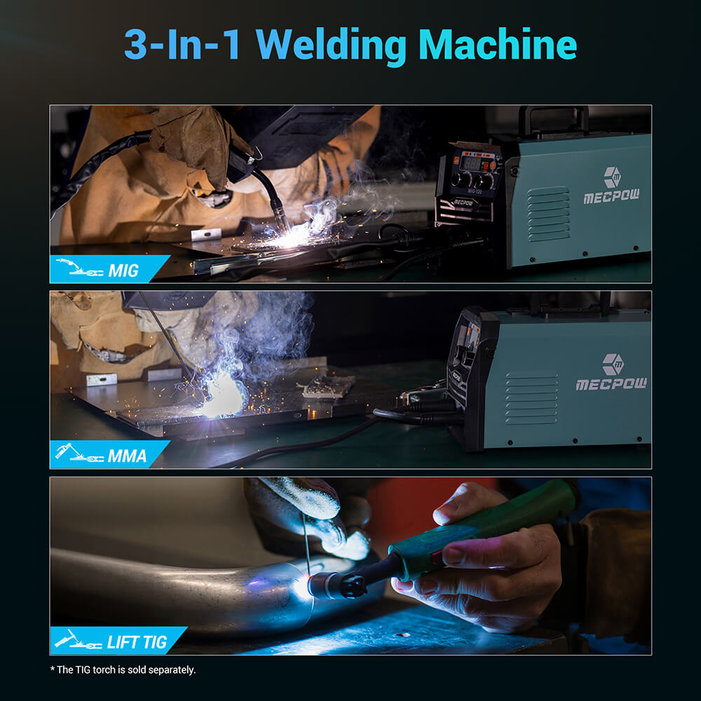 Mecpow MIG120 Gasless Welder, 110V, MIG/MMA/LIFT TIG 3 in 1, Overheating/ Overcurrent/ Overload/Over-Voltage Protection, LCD Display