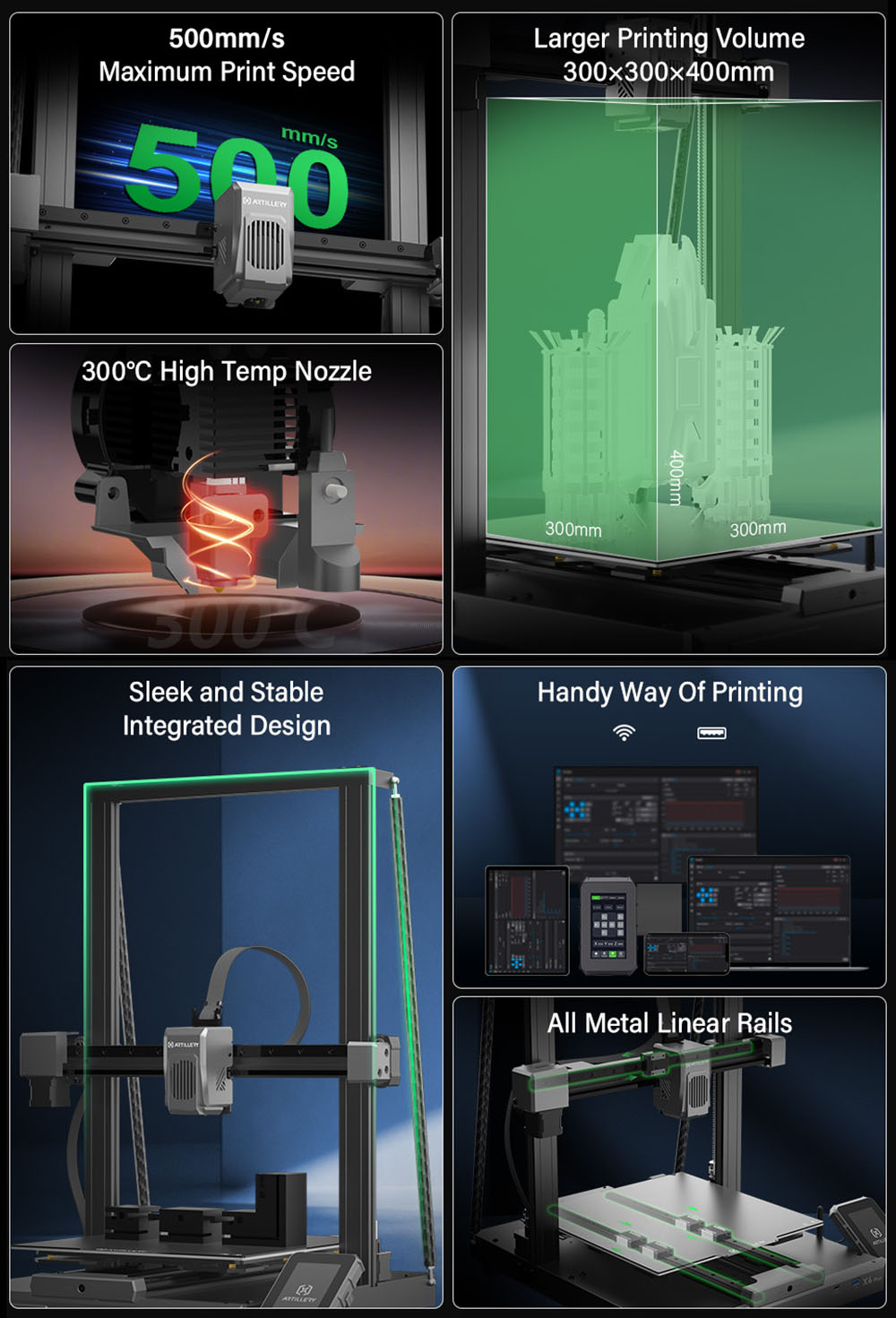 Artillery Sidewinder X4 Plus S1 3D Printer, 300*300*400mm, 500mm/s Print Speed, 300℃ High-temp Printing, XY-Metal Linear Guide Rail, Auto Levelling, 8000 rpm Efficient Cooling Fans