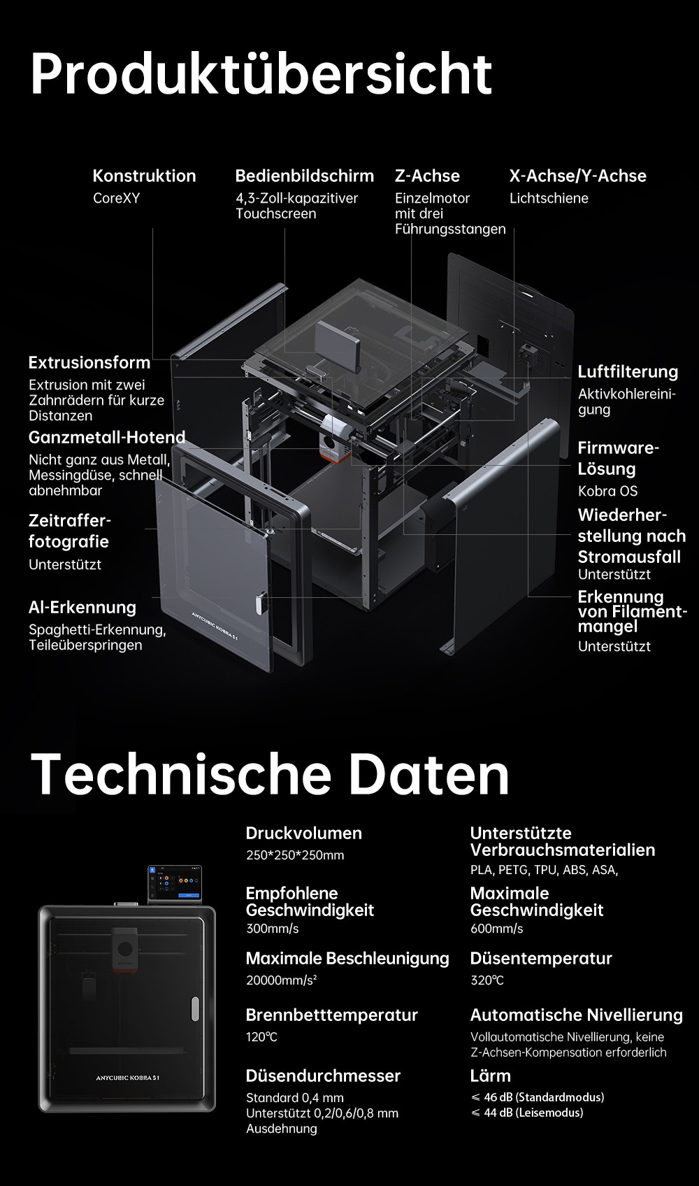 ANYCUBIC KOBRA S1 COMBO 3D-Drucker, lebendiger 8-Farben-Druck, 600 mm/s ultraschnelle Geschwindigkeit, automatische Nivellierung, 320 °C Hotend, 44 dB ultraleise, CoreXY-Konstruktion, 250 x 250 x 250 mm