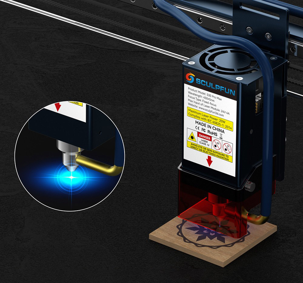 SCULPFUN S30 Pro Max 20W Laser Engraver Cutter, Automatic Air-assist, 0.08x0.1mm Laser Focus, 32-bit Motherboard, Replaceable Lens, 410x400mm, Expandable 935x905mm