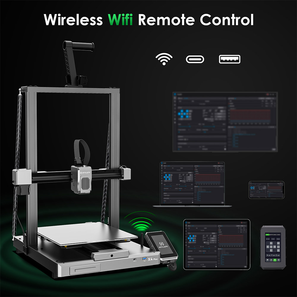 Artillery Sidewinder X4 Plus S1 3D Printer, 300*300*400mm, 500mm/s Print Speed, 300℃ High-temp Printing, XY-Metal Linear Guide Rail, Auto Levelling, 8000 rpm Efficient Cooling Fans