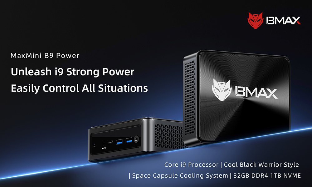 BMAX B9 Power Mini PC, Intel Core i9-12900H 14 Cores Max 5.0GHz, 32GB RAM 1TB SSD, DP+HDMI+Type-C 4K Triple Display, Support Dynamic HDR, WiFi 6 Bluetooth 5.2, 2*USB 3.2 2*USB 2.0 1*RJ45 1*3.5mm Headset Jack, Space Capsule Cooling System