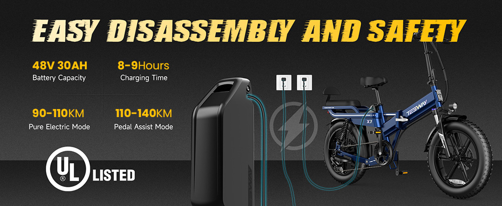 TESWAY X7 Electric Bike, 250W Motor, 48V 30Ah Battery, 20*4.0-inch Tires, 45km/h Max Speed, 140km Range, Mechanical Disc Brakes, Hydraulic Rear Suspension, Lockable Fork Suspension, Shimano 7-speed - Black