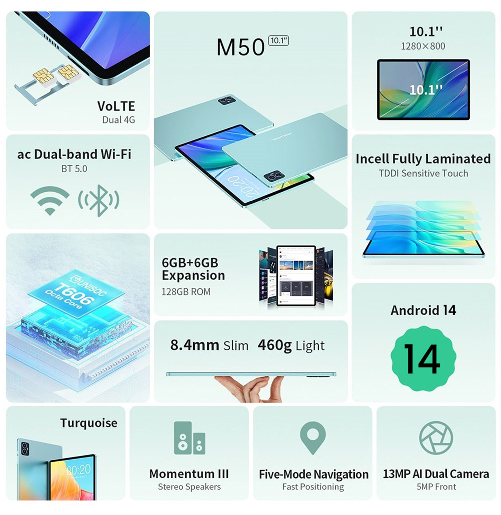 Teclast M50 Android 14 4G LTE Tablet, 10.1 inch 1280x800 16:10 IPS, UNISOC T606 Octa-Core 1.6GHz, 6GB+6GB Expansion RAM 128GB ROM, 2.4/5GHz Dual-band WiFi Bluetooth 5.0, 5MP+13MP Cameras, SIM Micro SD Card, GALILEO GPS GLONASS BeiDou