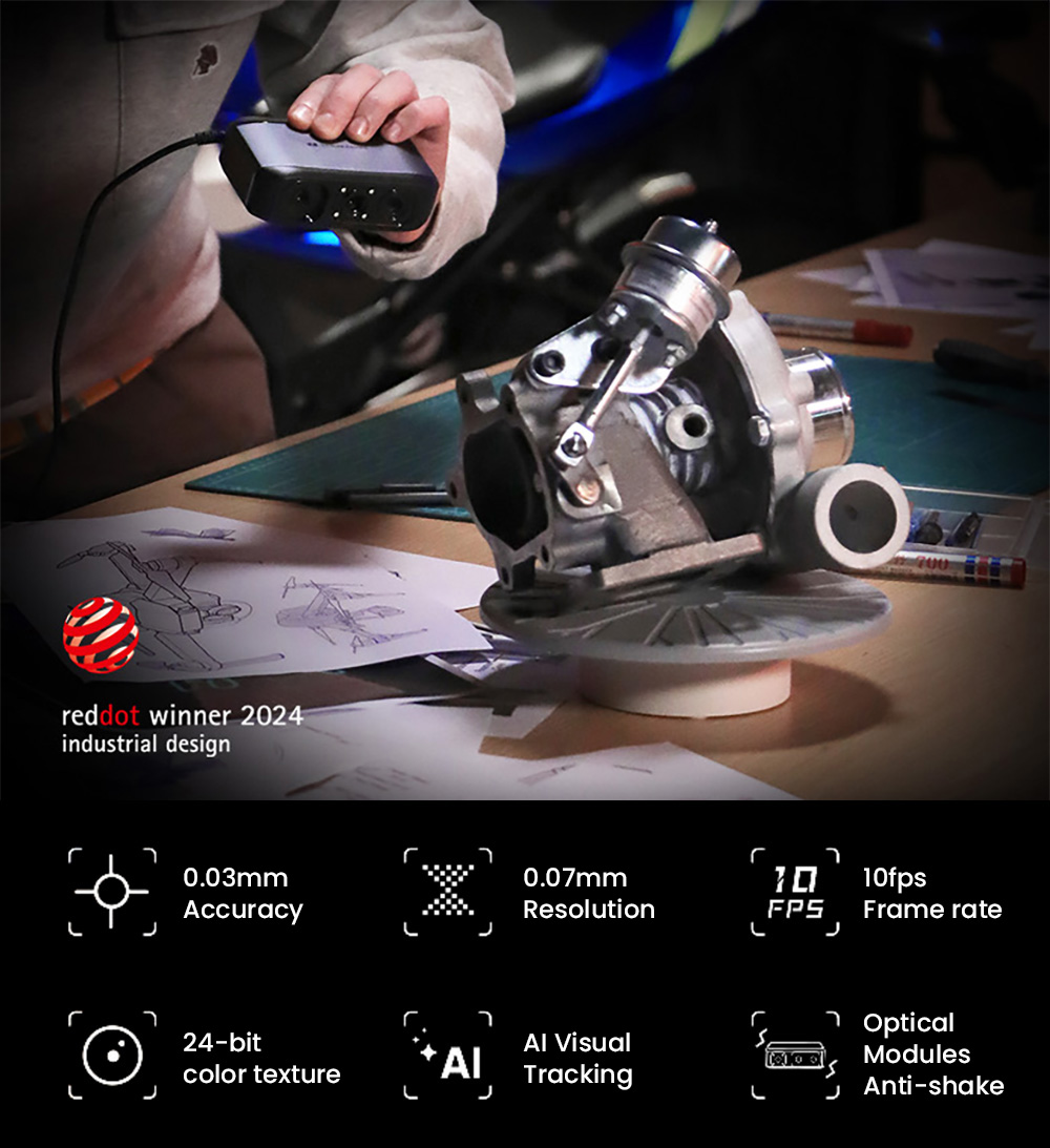 3DMakerpro Moose 3D Scanner, 0.03mm Accuracy, 0.07mm Resolution, Blue LED Light Source, 24-bit Color Camera, Al Visual Tracking, 10fps Frame Rate, Anti-Shake Lenses, Compatible with Windows/MacOS
