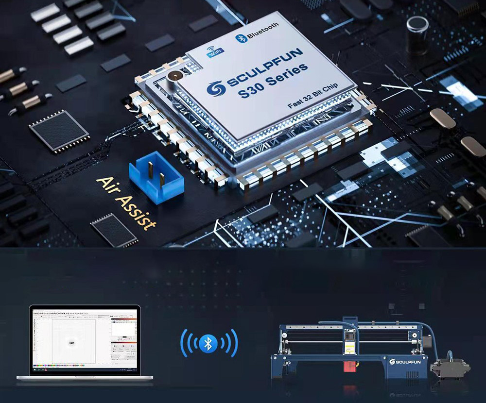 SCULPFUN S30 Pro Max 20W Laser Engraver Cutter, Automatic Air-assist, 0.08x0.1mm Laser Focus, 32-bit Motherboard, Replaceable Lens, 410x400mm, Expandable 935x905mm