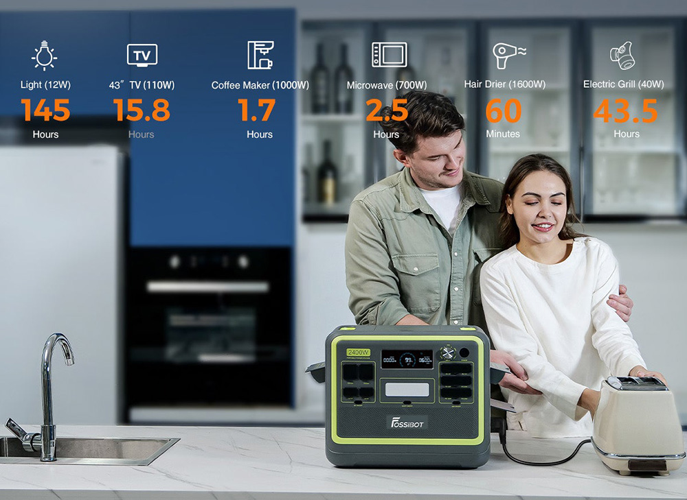 FOSSiBOT F2400 Portable Power Station Kit + FOSSiBOT SP200 18V 200W Foldable Solar Panel, 2048Wh/640000mAh LiFePO4 Battery, 2400W(4600W Peak) Solar Generator, 3xAC RV Car USB Type-C QC3.0 PD DC5521 Pure Sine Wave Full Outlets, 1.5 Hours Fast Charging