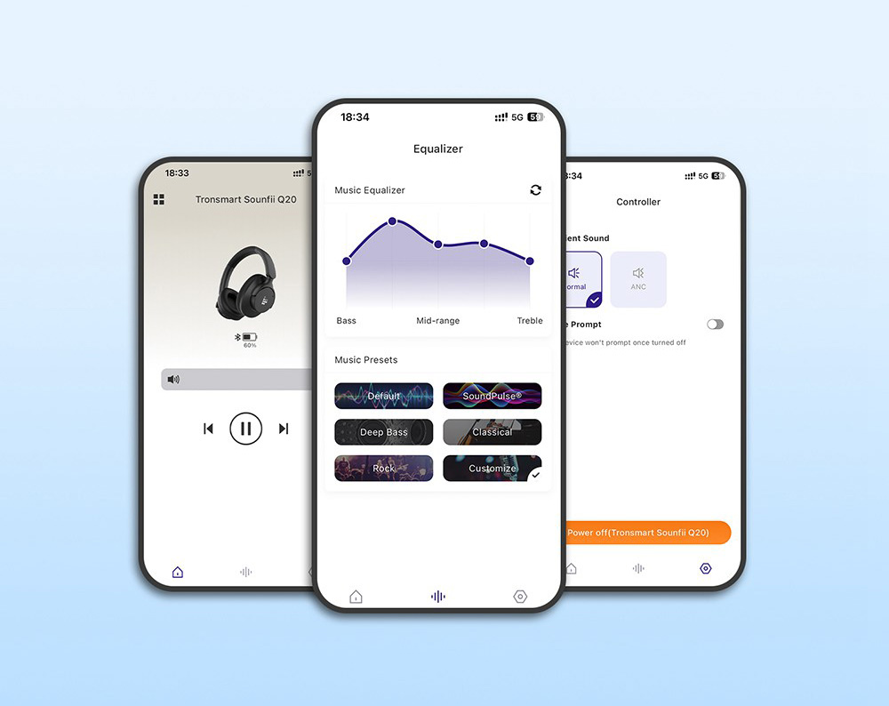 Tronsmart Sounfii Q20 ANC Bluetooth Headphones, 50 Hours Autonomy, 90° Swiveling Earpads, Pair with 2 Devices, Tronsmart App Control, Built-in Mic for Clear Calls, Active Noise Cancellation - Black