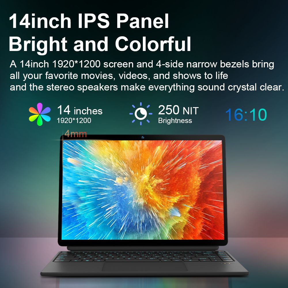 Ninkear T40 2-in-1 Tablet PC, 14'' 1920*1200 IPS Touchscreen, Intel N100 4 Cores 3.4GHz, 16GB RAM 512GB SSD, WiFi 6 Bluetooth 5.2, 5000mAh Battery, Detachable RGB Backlit Bluetooth Keyboard, 1*Full-featured USB-C, 1*Data Only USB-C, 1* Micro HDMI