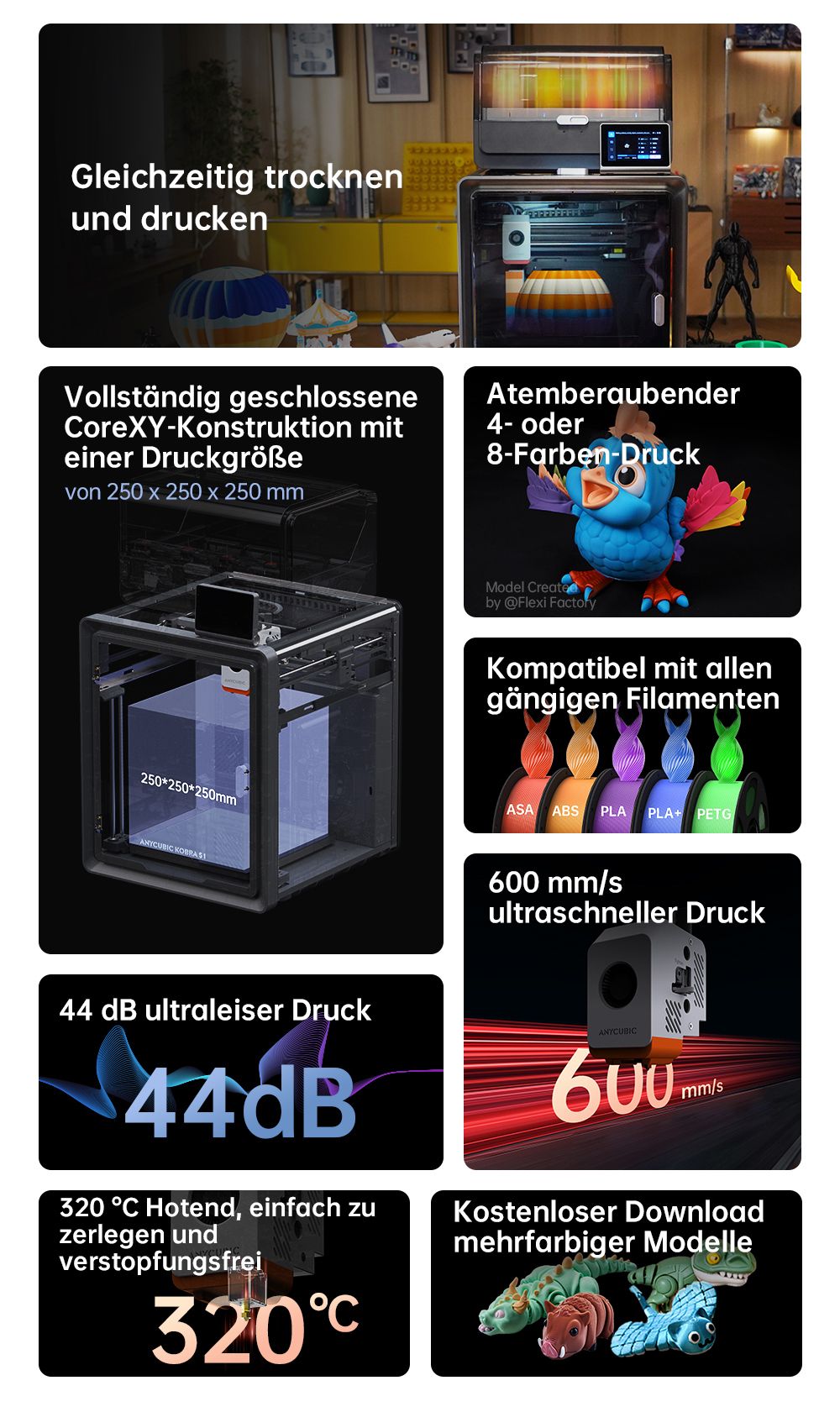 ANYCUBIC KOBRA S1 COMBO 3D-Drucker, lebendiger 8-Farben-Druck, 600 mm/s ultraschnelle Geschwindigkeit, automatische Nivellierung, 320 °C Hotend, 44 dB ultraleise, CoreXY-Konstruktion, 250 x 250 x 250 mm