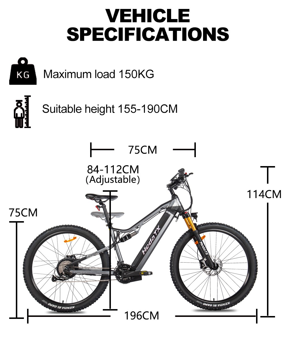 Heda TX TX19 Vélo électrique, moteur 1000 W, batterie 48 V 19,2 Ah, pneu 29 x 2,4 pouces, vitesse maximale 45 km/h, autonomie 70 km, frein à disque hydraulique, fourche avant amortissante, écran LCD coloré, 27 vitesses - Bleu