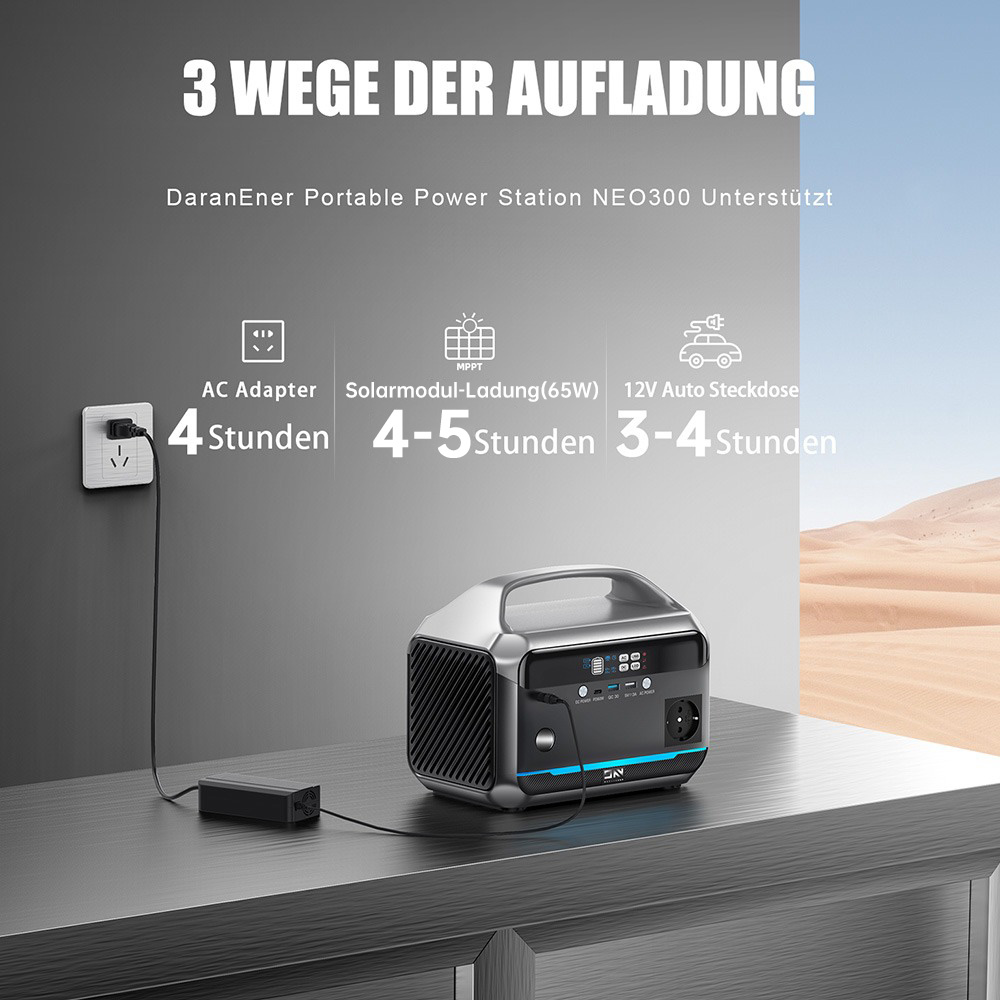 DaranEner NEO300 Tragbare Powerstation, 300 W, 268,8 Wh, LiFePO4-Akku, USB-C PD60W, 110 V, reine Sinuswelle