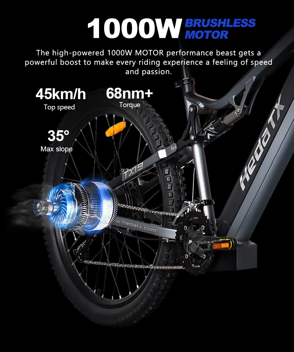 Heda TX TX19 Elektrofahrrad, 1000-W-Motor, 48-V-19,2-Ah-Akku, 29 x 2,4-Zoll-Reifen, 45 km/h Höchstgeschwindigkeit, 70 km Reichweite, hydraulische Scheibenbremse, stoßdämpfende Vordergabel, farbenfrohes LCD-Display, 27-Gang-Schaltung – Rot