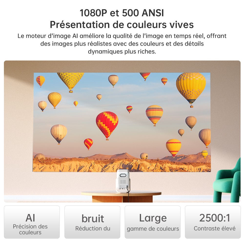 Projecteur Wanbo T2 Ultra, Android TV 11, 500 ANSI, 1080P natif, support rotatif à 120°, mise au point automatique et correction trapézoïdale, WiFi double bande, haut-parleur 2*5W