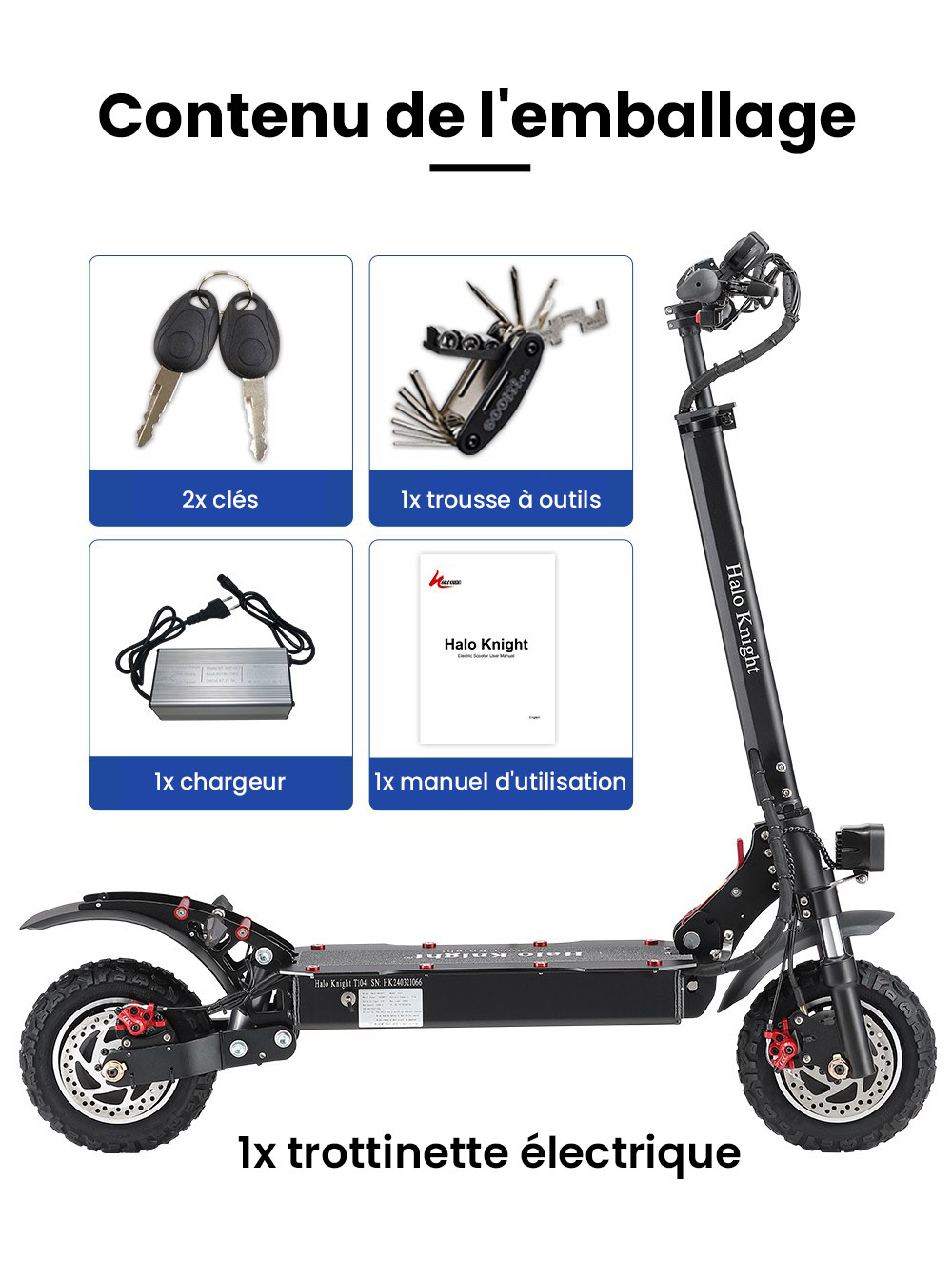 Halo Knight T104 Trottinette électrique, Pneus tout-terrain 10 pouces, Moteur 1000W*2, Vitesse maximale 65km/h, Télécommande, Batterie 52V 21Ah, Autonomie 45km - Noir