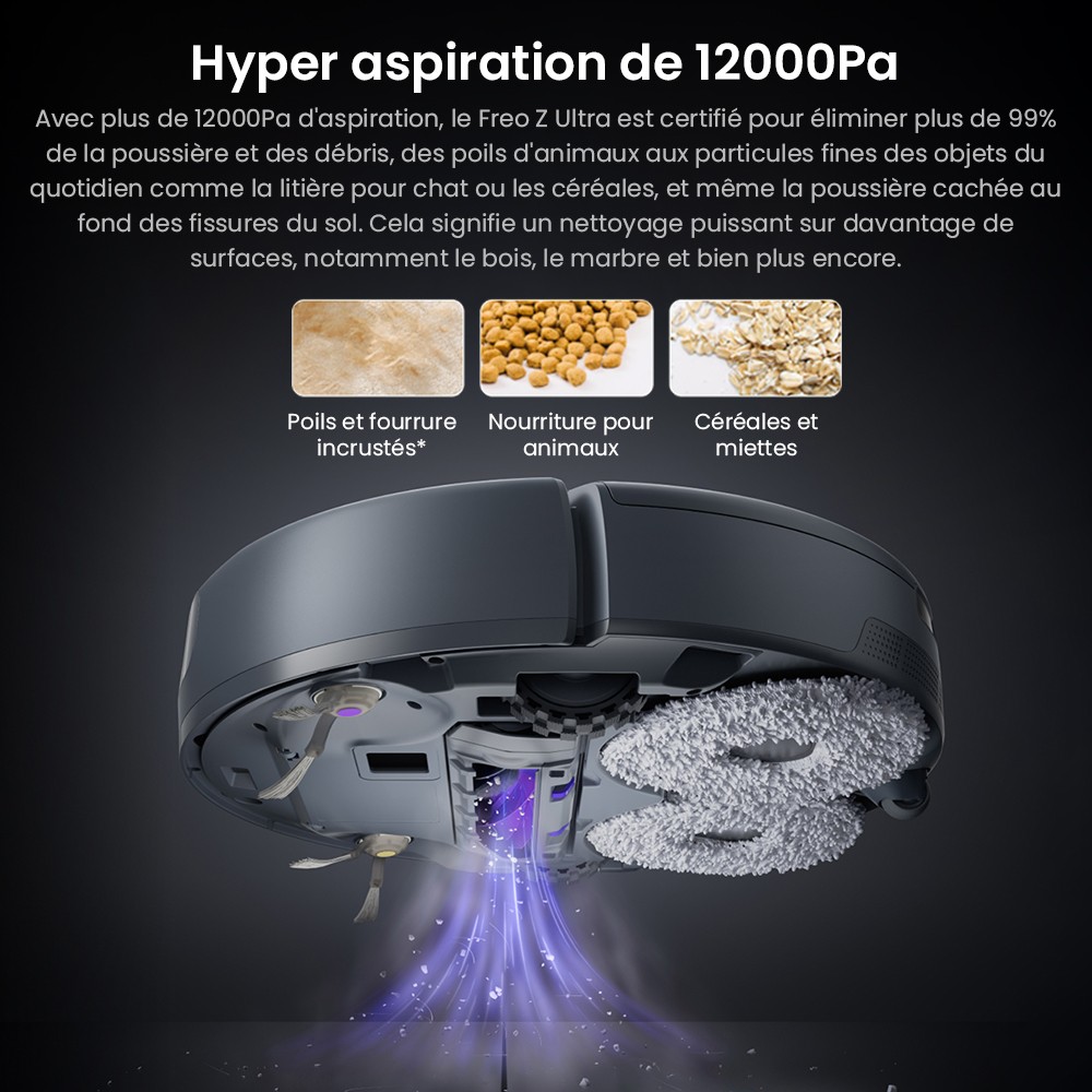 Aspirateur robot et balai Narwal Freo Z Ultra avec station de base, puissance de 12 000 Pa, autovidange, double caméra, zéro enchevêtrement, 120 jours sans entretien, levage automatique de la vadrouille jusqu'à 12 mm, évitement d'obstacles à trois lasers, lavage et séchage à l'eau chaude adaptatifs par IA - Blanc