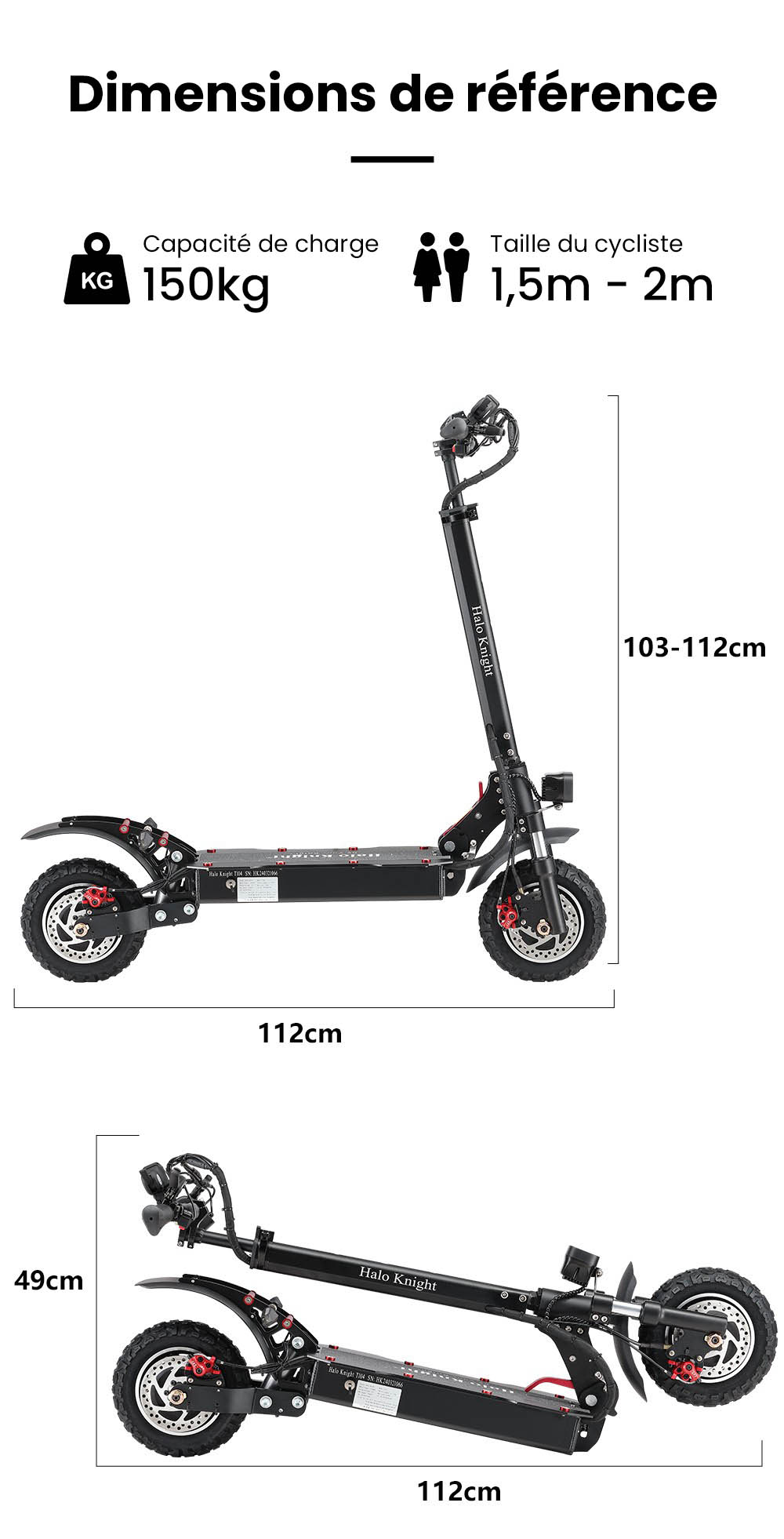 Halo Knight T104 Trottinette électrique, Pneus tout-terrain 10 pouces, Moteur 1000W*2, Vitesse maximale 65km/h, Télécommande, Batterie 52V 21Ah, Autonomie 45km - Noir